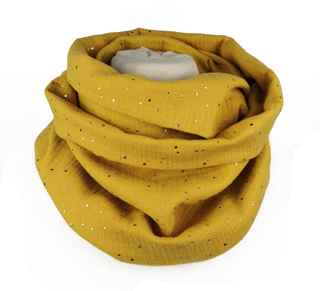 Musselin Loop in senf-gelb mit goldenen Punkten